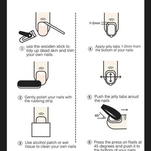 May include: Illustrated guide titled "How To Use" with six steps for applying press-on nails. Steps include nail preparation, applying jelly tabs, and pressing the nails at a 45-degree angle. The notice at the bottom says, "Do not touch water after apply the nails for 3 hours."