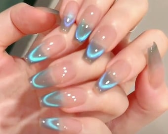 Handmade Galaxy Blue Cat Eye Ombre Press On Nails Ombre Nails Blue Nails Cat Eye Nails Coffin Nails