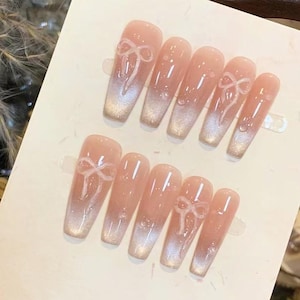 Handmade 3D Ribbon Bow Silver Cat Eye Press On Nails Bow Nails Cat Eye Nails Coffin Nails Long Nails Medium Nails