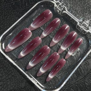 Handmade Claret Color Silver Cat Eye Press On Nails Red Nails Cat Eye Nails Wedding Nails Stiletto Nails