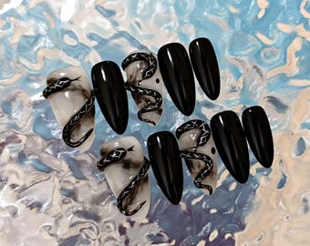 Handmade Black & White Watercolor Ombre Snake Press On Nails 3D Snake Nails Dark Nails Cool Nails Almond Nails Party Nails