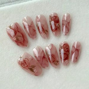 Handmade Painted Watercolor Roses Floral Press On Nails Flower Nails Wedding Nails Dating Nails Summer Nails Oval Nails Almond Nails