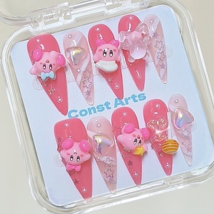 Piruleta Kirby rosa hecha a mano, lindas uñas postizas, uñas de lujo, uñas de anime, uñas kawaii, uñas largas