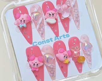 Handmade Rose Pink Kirby Lollipop Cute Press On Nails Cute Nails Luxury Nails Anime Nails Kawaii Nails Long Nails