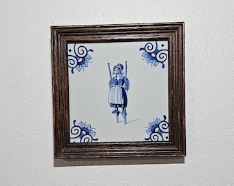 Dutch Delft Blue Tile - "Child's Play" 5.25" x 5.25" Framed, Signed and Stamped.