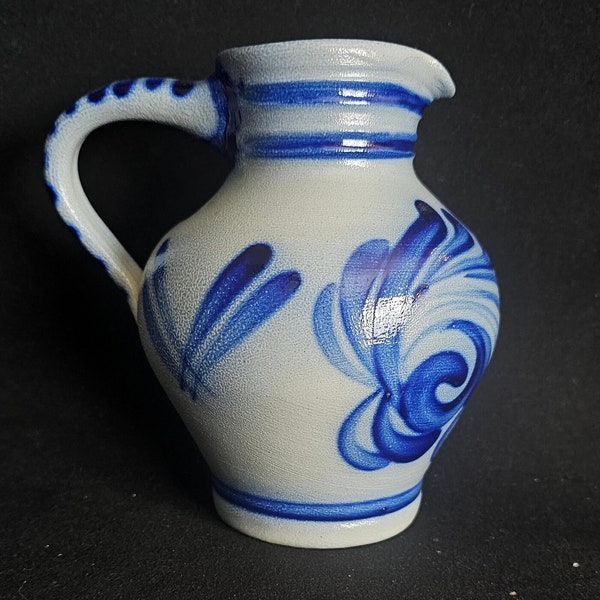 Handarbeit German Salt Glazed 6" Stoneware Pitcher Gray Blue Floral Pattern