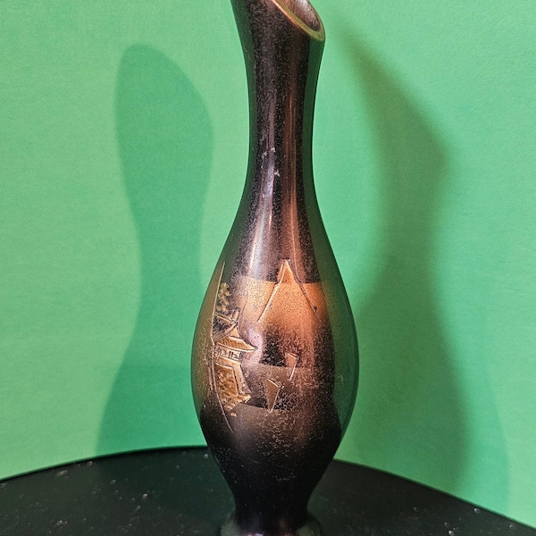 Vintage Japanese Black Mixed Metal Vase Bronze With Pagoda And Mountains