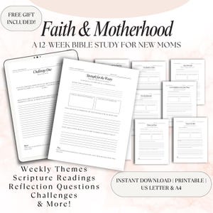 Puede incluir: Una descarga digital de un estudio bíblico de 12 semanas para nuevas madres, titulado "Faith & Motherhood". La imagen incluye una tableta, páginas impresas con indicaciones y el texto "Weekly Themes, Scripture Readings, Reflection Questions, Challenges & More!"