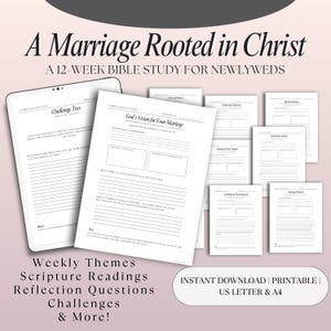 Peut inclure: Téléchargement numérique d'une étude biblique de 12 semaines pour les jeunes mariés. Le titre "A Marriage Rooted in Christ" est affiché dans une police décorative. L'image comprend des feuilles de travail avec des invites et le texte "Weekly Themes, Scripture Readings, Reflection Questions, Challenges & More!"