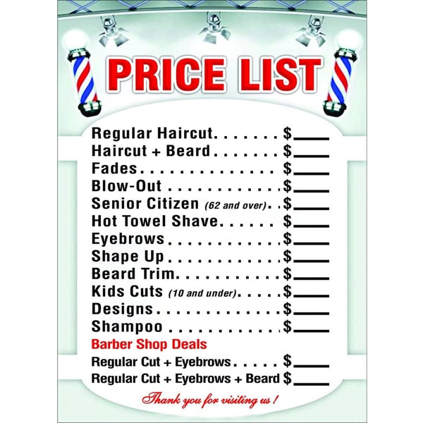 1.5X 24 barber shop price list modern hair styles price list men youth & kids