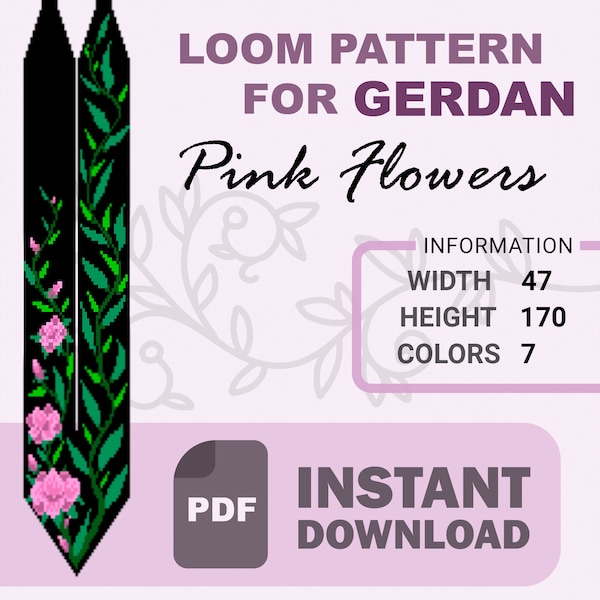 Modèle PDF de gerdan « Fleurs roses », Schéma pour gerdan, Modèle pour collier de perles, Motif floral, Perles