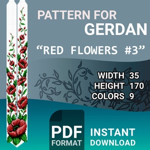 PDF gerdan pattern from beads, bead necklace pattern &quot;Red Flowers 3&quot;, Ukrainian necklace pattern, pattern for gerdan,gerdan loom pattern
