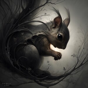 May include: A detailed illustration of a squirrel with a dark gray and brown color palette. The squirrel is surrounded by dark, twisting branches and foliage, with a soft, glowing light emanating from behind it. The artwork has a fantasy or surreal theme.