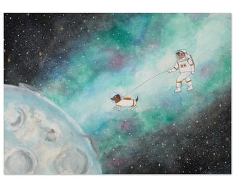 Space Galaxy Dog - Large moon walking boy astronaut with dog poster  -  50 x 70 cm - Horizontal - Museum-Quality Matte Paper Poster