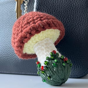 Crochet Mushroom Keychain, Handmade Crochet Mushroom with Beads, Bag Charm, Crochet Keychain, Tiny mushroom gift