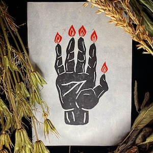 Hand of Glory Lino Print A5 - Folklore, Lino cut, Handmade, Folk Art, Gothic, Folk Horror