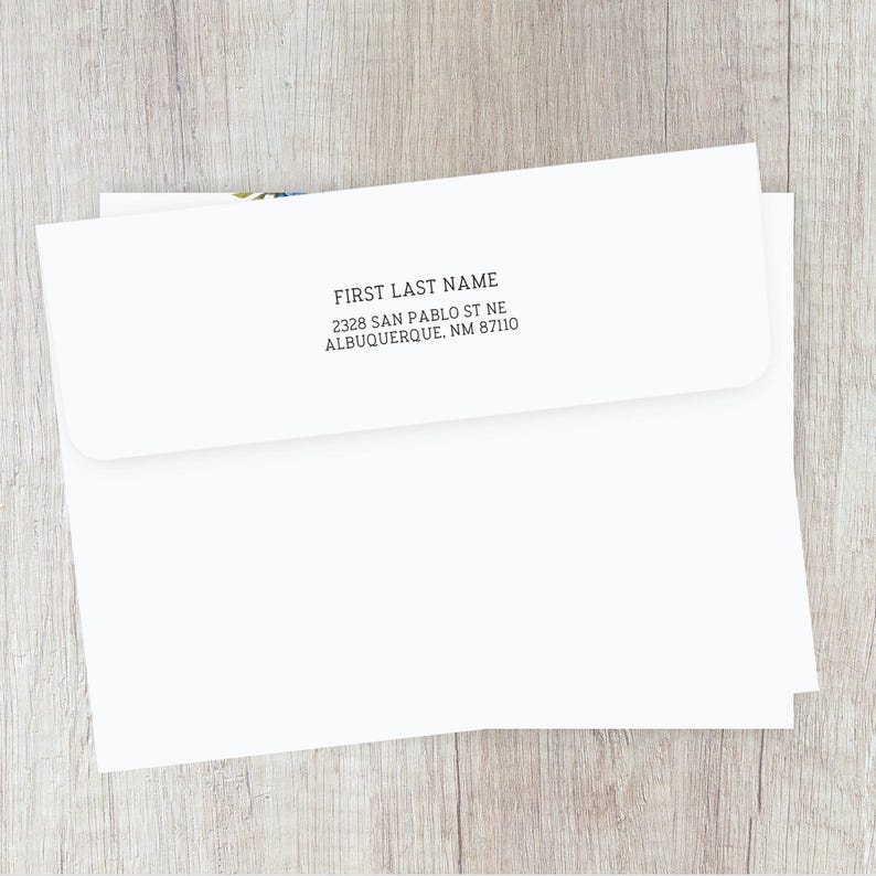 May include: White envelope with a black return address label. The label reads "FIRST LAST NAME, 2328 SAN PABLO ST NE, ALBUQUERQUE, NM 87110".