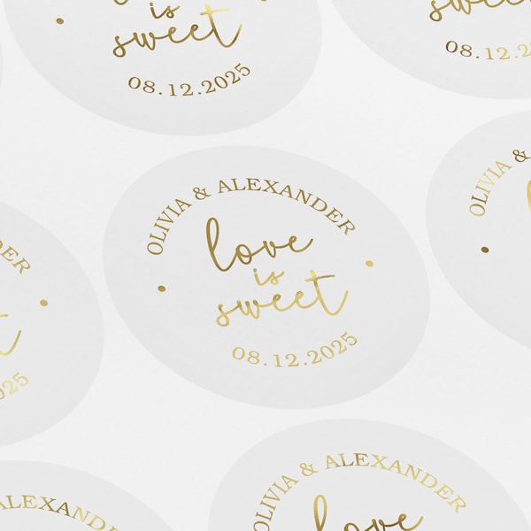 Foil Wedding Favor Seals, Love is Sweet Stickers, Personalized Invitation Stickers