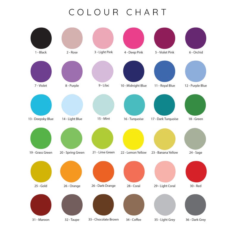 May include: A color chart with 36 different colors, each color is labeled with a number and a name. The colors are arranged in rows and columns. The colors include black, rose, light pink, deep pink, violet pink, orchid, violet, purple, lilac, midnight blue, royal blue, purple blue, deepsky blue, light blue, mint, turquoise, dark turquoise, green, grass green, spring green, lime green, lemon yellow, banana yellow, sage, gold, orange, dark orange, coral, light coral, red, maroon, taupe, chocolate brown, coffee, light grey, and dark grey.