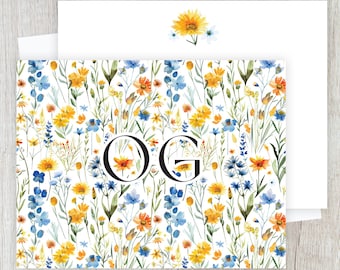 Wildflowers Flat Notecard Set, Personalized Double Sided Stationery, Custom Name