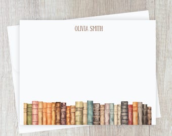 Personalized Book Lover Note Card Stationery, Floral Book Stack