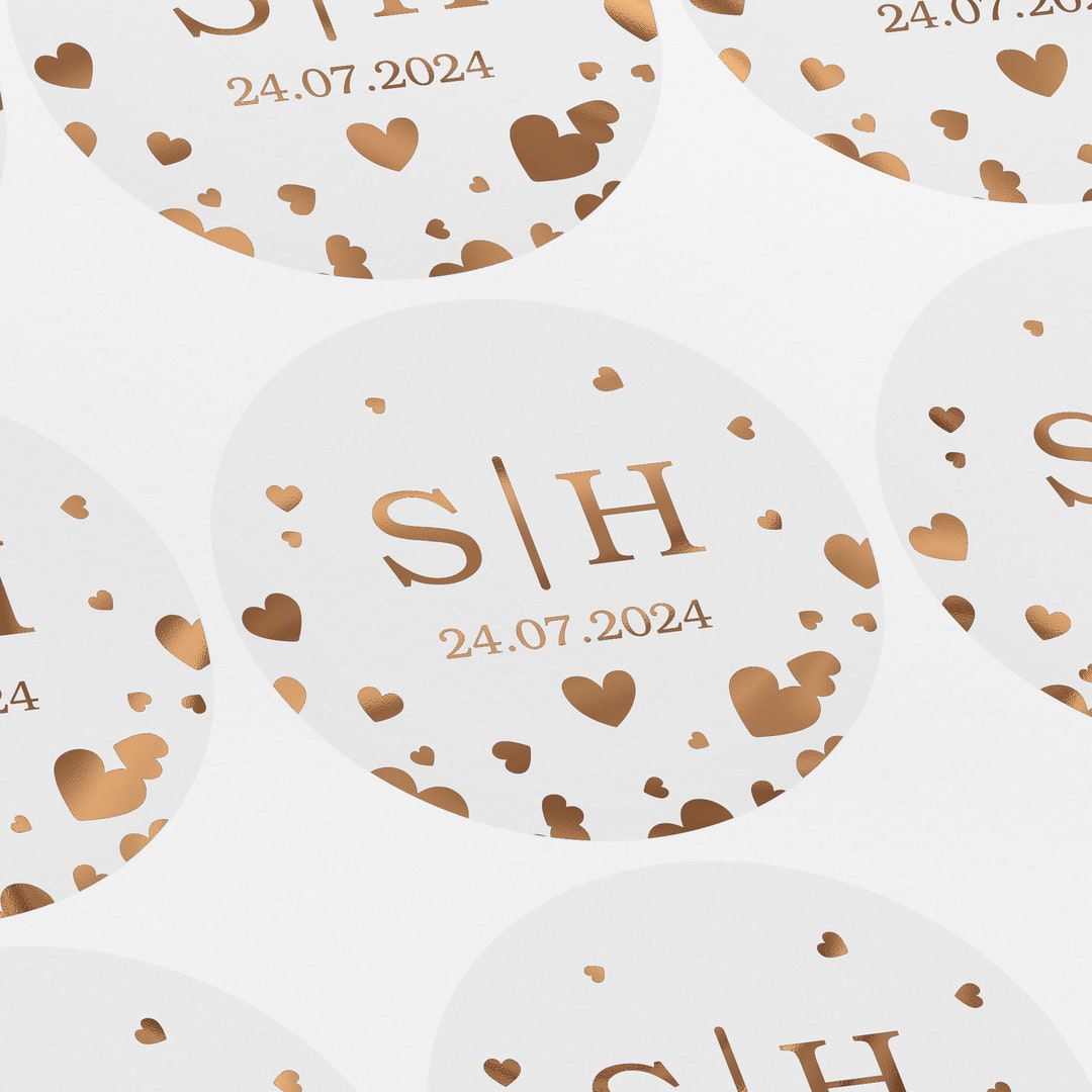 Rose Gold Heart Stickers, Gold Initial Label, Silver Envelope Seal