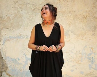 V Neck Black Bohemian Dress