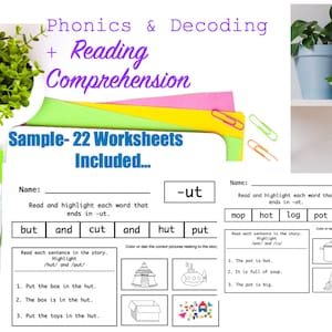 Puede incluir: Una hoja de trabajo imprimible para enseñar fonética y comprensión lectora. La hoja de trabajo presenta las palabras "but", "and", "cut", "and", "hut", y "put". La hoja de trabajo también incluye una oración sobre poner una caja en una cabaña. La hoja de trabajo está diseñada para ayudar a los niños a aprender a leer y escribir.