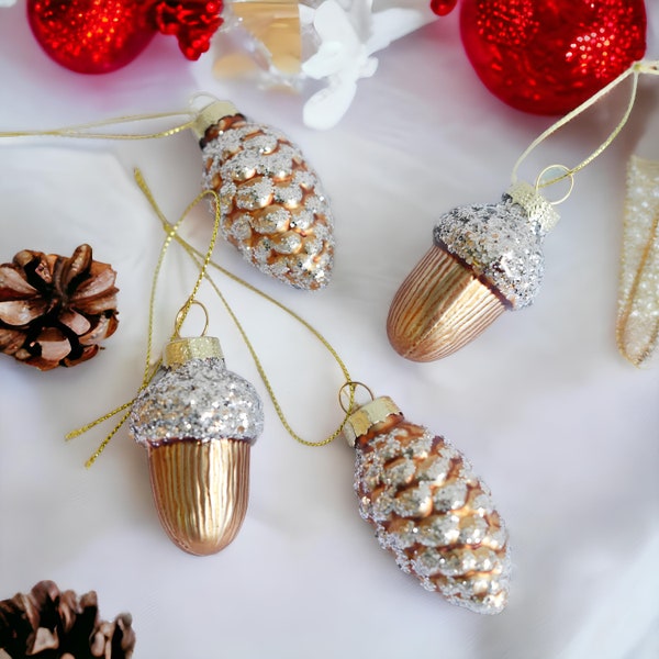 Set of Glass Pinecones Acorns Christmas Tree Ornaments | Shiny Pine Tree Cones Set | New Year Holiday Decoration | Xmas Tree Ornaments