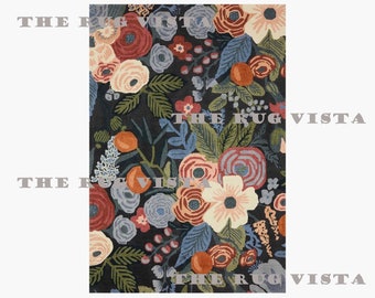 Hand Tufted Rug Joie Garden Party Navy Wool-Hooked Rug Multicolored Floral Large Area Rug 5x8 6x9 7x10 8x10 9x12 10x14 Bespoke Custom Rug