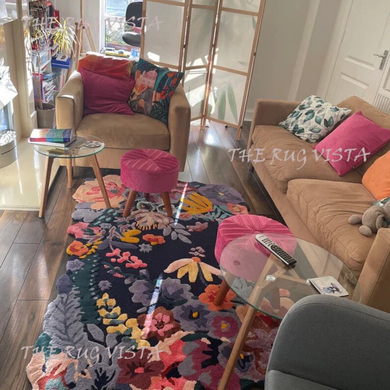 Hand Tufted Rug New Authentic Floral Design Tufted Jardin Rug Pink Blue