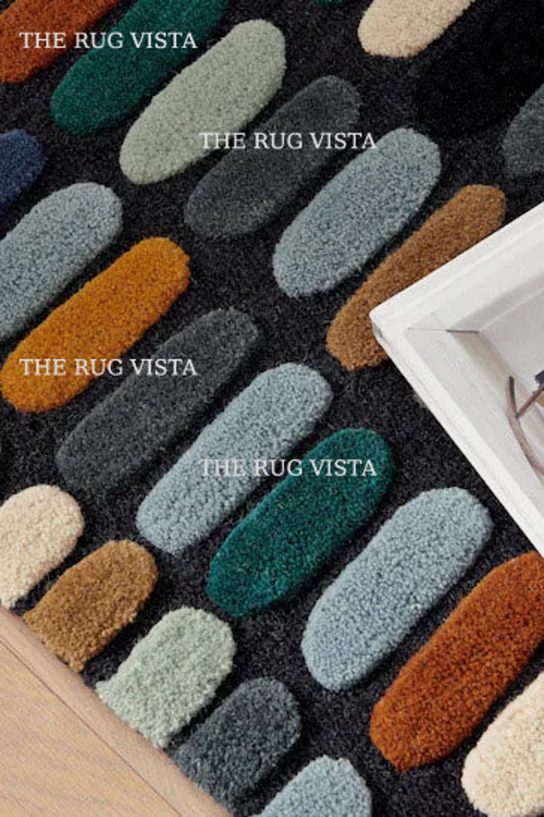 Hand Tufted Blue Rug Modern High Low Rug Pebble Rug Multi Colored Rug Hand Tuft Tufted Woolen