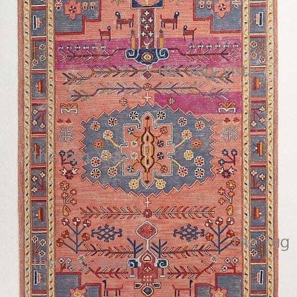 Hand-Tufted Bea Rug Hand Tuft Tufted Woolen Large Area Rug Multicolored Pink Blue Peach Rug Antique Look Vintage Style Rug 5x8 6x9 7x10 8x10