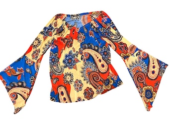 Camicetta boho contadina fatta a mano - Top a maniche lunghe a campana in tessuto di lusso / Stile cottagecore da festival