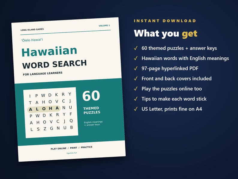 Hawaiian Word Search for Language Learners, Volume 1 | 60 Printable Puzzles with English Meanings | Hyperlinked PDF image 4