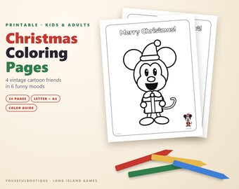 Christmas Coloring Pages for Kids | Vintage Cartoon Mouse, Teddy Bear and Nutcracker | 24 Printable Pages PDF | US Letter, A4