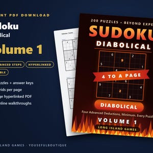 Sudoku - Diabolical, Volume 1 | 200 Extremely Hard Printable Sudoku Puzzles with Answers | Hyperlinked PDF | Instant Download image 1