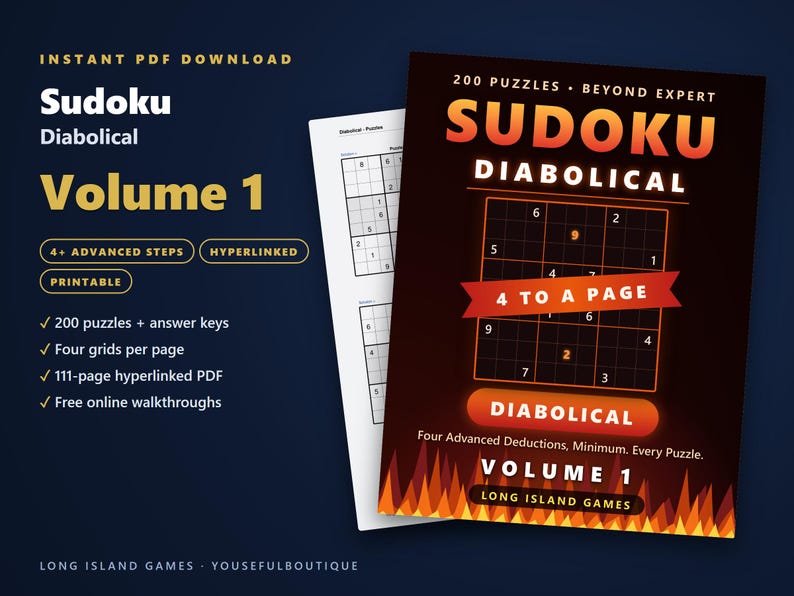 Sudoku - Diabolical, Volume 1 | 200 Extremely Hard Printable Sudoku Puzzles with Answers | Hyperlinked PDF | Instant Download image 1
