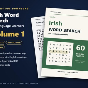 Irish Word Search for Language Learners, Volume 1 | 60 Printable Puzzles with English Meanings | Hyperlinked PDF image 1