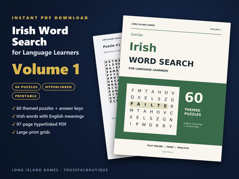 Irish Word Search for Language Learners, Volume 1 | 60 Printable Puzzles with English Meanings | Hyperlinked PDF image 1