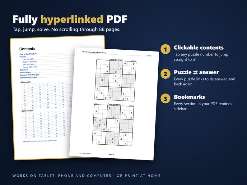 Sudoku - Easy to Expert, Volume 1 | 100 Printable Sudoku Puzzles with Answers | Hyperlinked PDF | Easy to Expert | Instant Download image 2