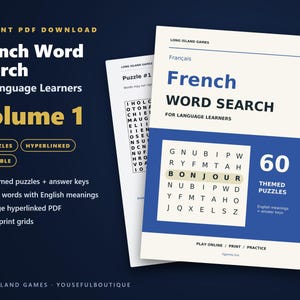 French Word Search for Language Learners, Volume 1 | 60 Printable Puzzles with English Meanings | Hyperlinked PDF image 1