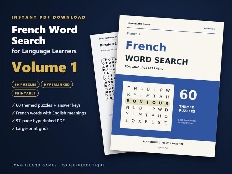 French Word Search for Language Learners, Volume 1 | 60 Printable Puzzles with English Meanings | Hyperlinked PDF image 1