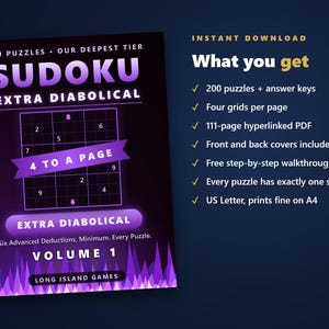 Sudoku - Extra Diabolical, Volume 1 | 200 Extremely Hard Printable Sudoku Puzzles with Answers | Hyperlinked PDF | Instant Download image 4