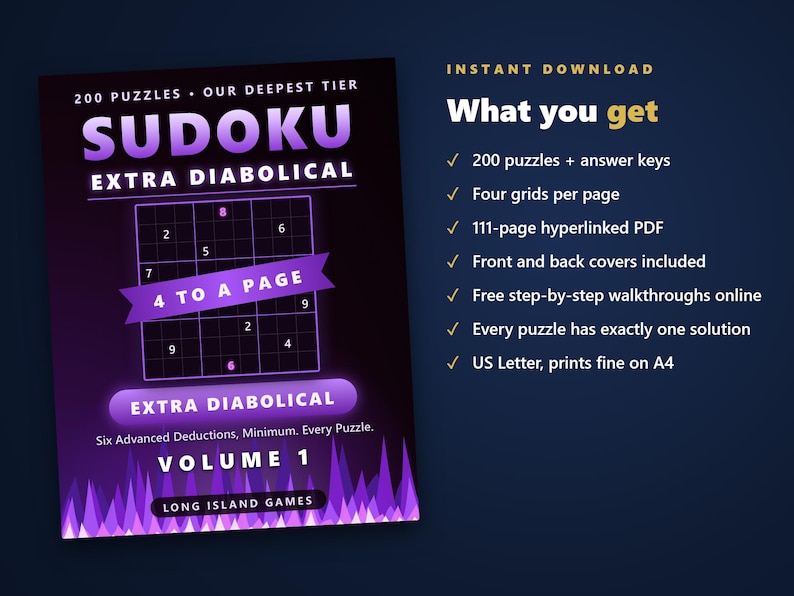 Sudoku - Extra Diabolical, Volume 1 | 200 Extremely Hard Printable Sudoku Puzzles with Answers | Hyperlinked PDF | Instant Download image 4