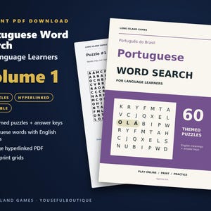Portuguese Word Search for Language Learners, Volume 1 | 60 Printable Puzzles with English Meanings | Hyperlinked PDF