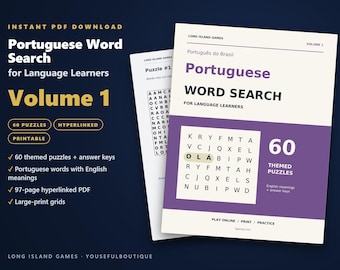 Portuguese Word Search for Language Learners, Volume 1 | 60 Printable Puzzles with English Meanings | Hyperlinked PDF