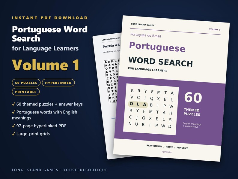 Portuguese Word Search for Language Learners, Volume 1 | 60 Printable Puzzles with English Meanings | Hyperlinked PDF image 1