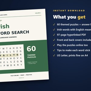 Irish Word Search for Language Learners, Volume 1 | 60 Printable Puzzles with English Meanings | Hyperlinked PDF image 4