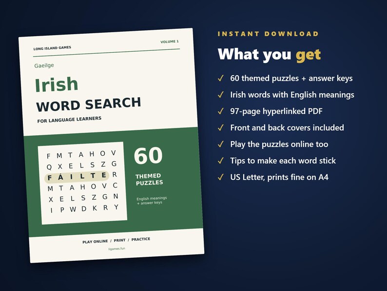 Irish Word Search for Language Learners, Volume 1 | 60 Printable Puzzles with English Meanings | Hyperlinked PDF image 4